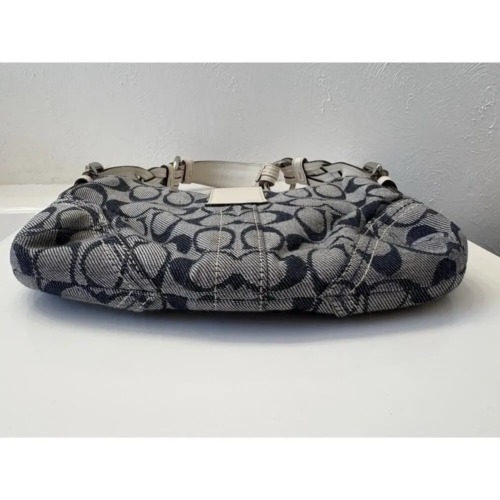 Vintage Coach Soho Pleated Hobo Blue Signature Jacquard White Leather Y2K